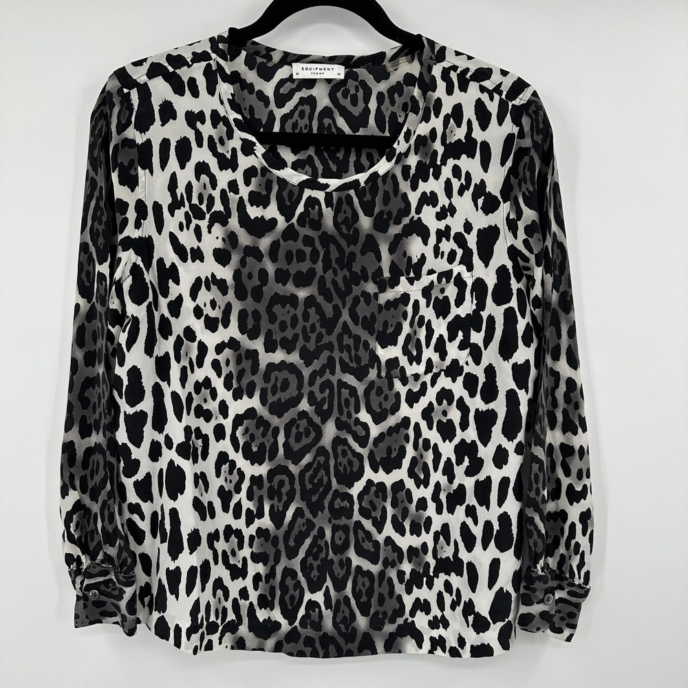 Equipment Femme Blouse Womens Medium Black Gray‎ Leopard Print Long Sleeve Shirt